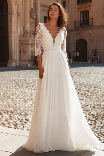 Robe de mariée longue à manches longues à col en V ivoire